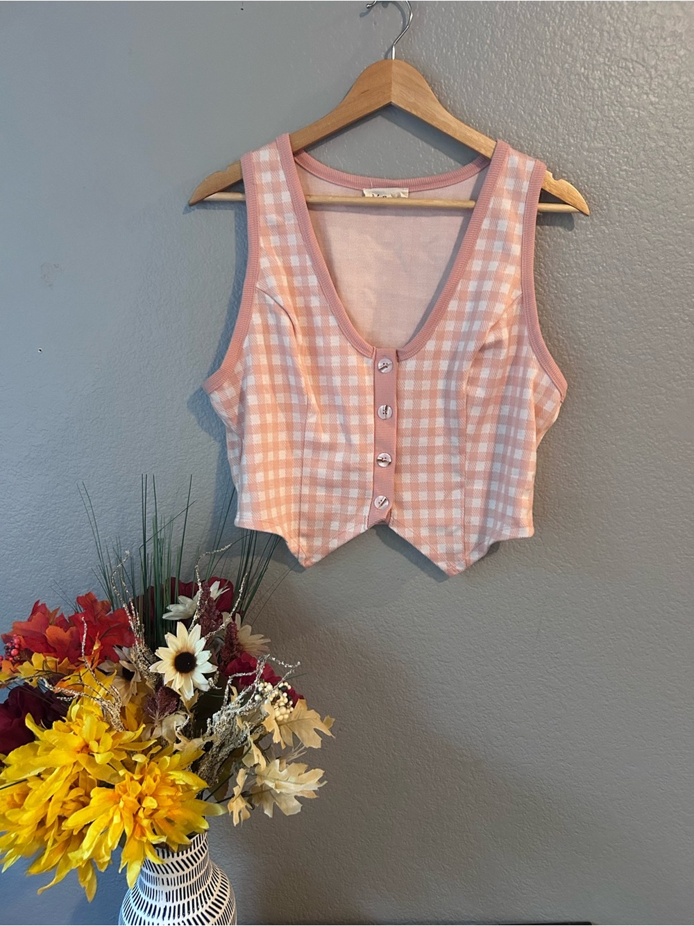 meraki Pink Gingham Button-Front Crop Top Vest Size XL Summer Coastal